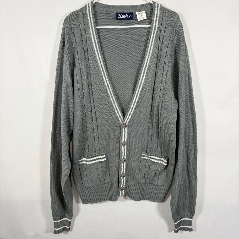 Blair Cable Knit Cardigan Sweater Mens 2XL XXL Gray Acrylic Pockets VTG 80s 90s